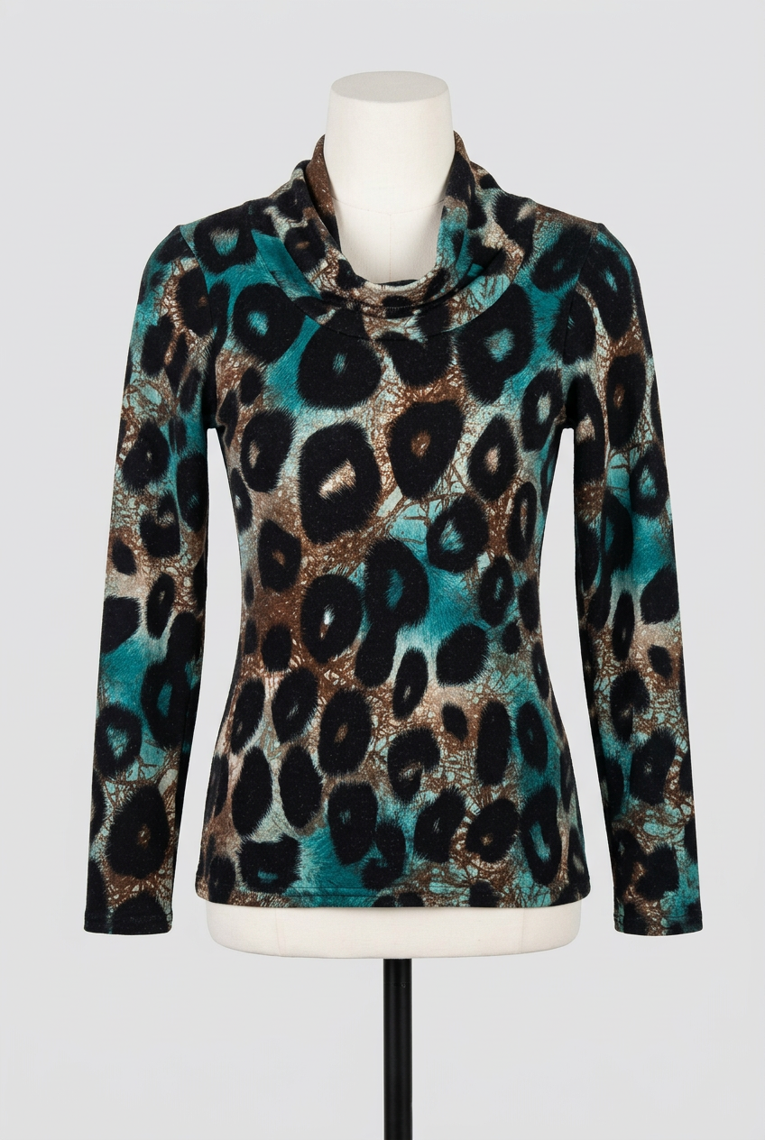 Women's Top Sophie B Teal Brown Black Animal Print Cowl Neck Long Sleeve Size 10 Very Good Condition