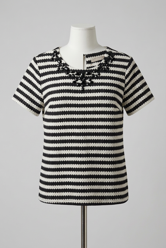 Women's Top Anthology Black & White Striped Beaded Neck Short Sleeve Plus Size UK 20 Very Good Condition