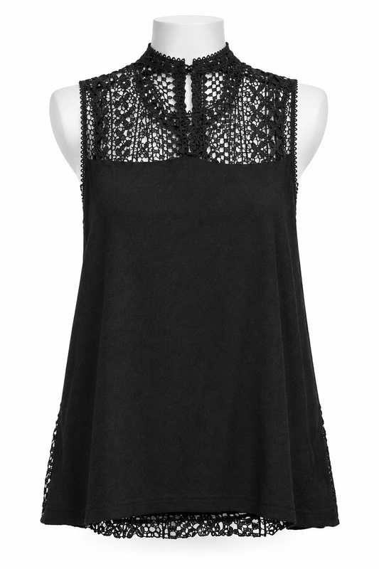 Women's Blouse Dorothy Perkins Black Crochet Lace High Neck Sleeveless UK 10 Very Good Condition