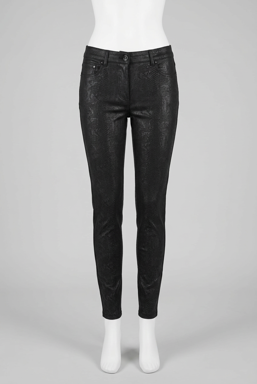 Women's Trousers Next Black Snakeskin Print Coated Skinny UK 10 Regular Very Good Condition