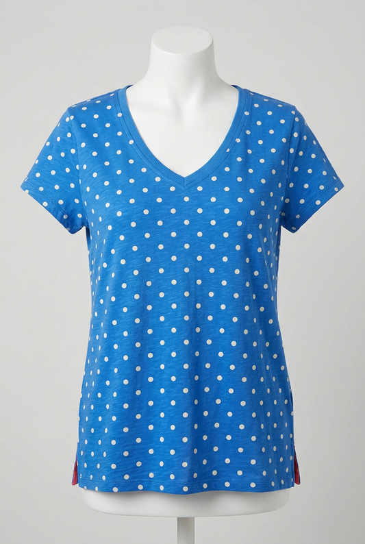 Women's T-Shirt Joules Blue White Polka Dot V-Neck Short Sleeve Approx. UK 12/14 Very Good Condition