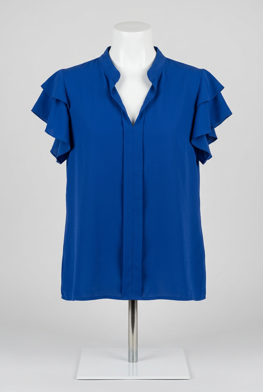 Women's Blouse Royal Blue V-Neck Layered Ruffle Sleeve Size L Excellent Condition