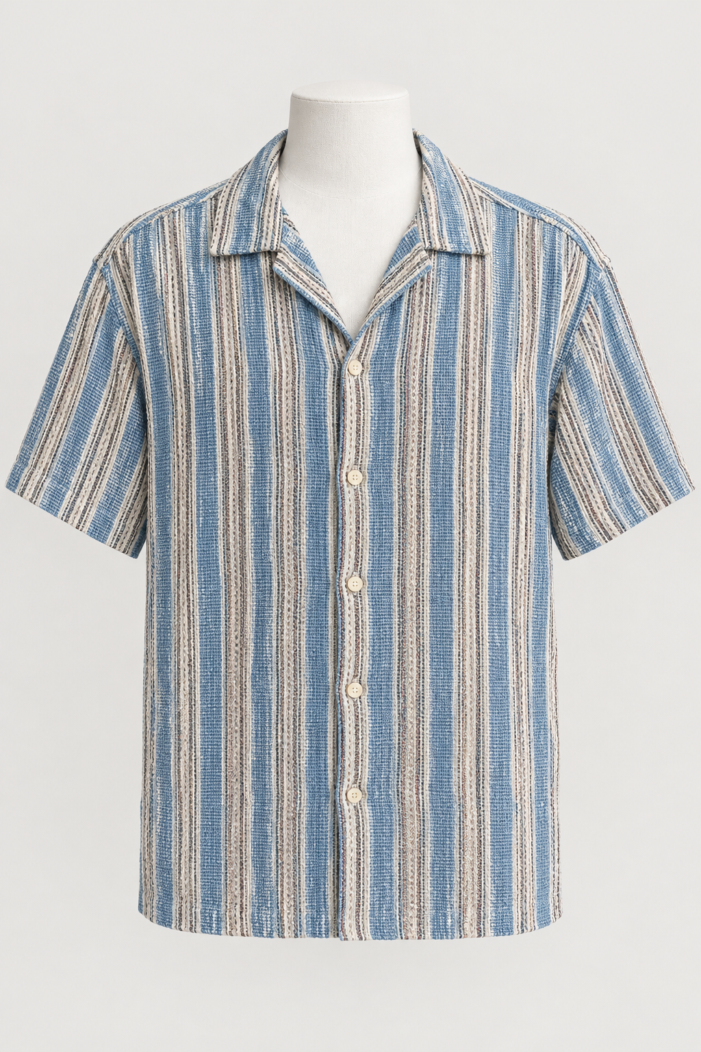Men's Shirt Zara Man Blue White Striped Textured Short Sleeve Cuban Collar Size XL Great Condition