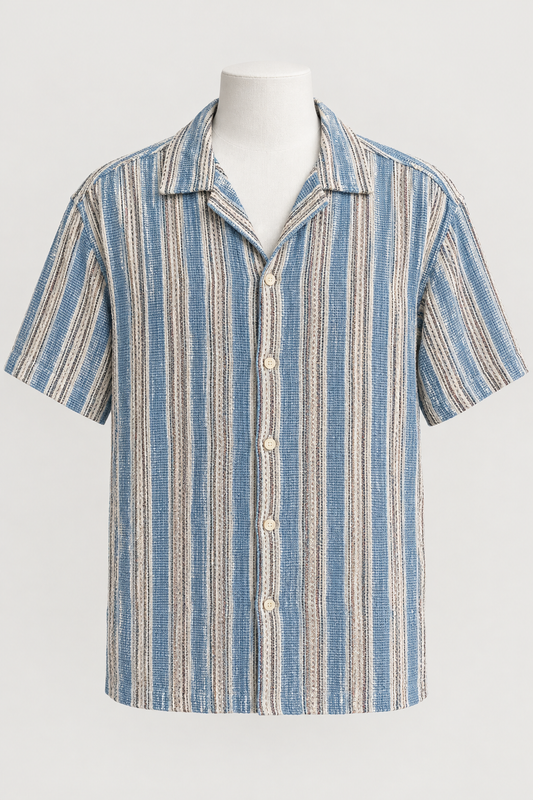 Men's Shirt Zara Man Blue White Striped Textured Short Sleeve Cuban Collar Size XL Great Condition