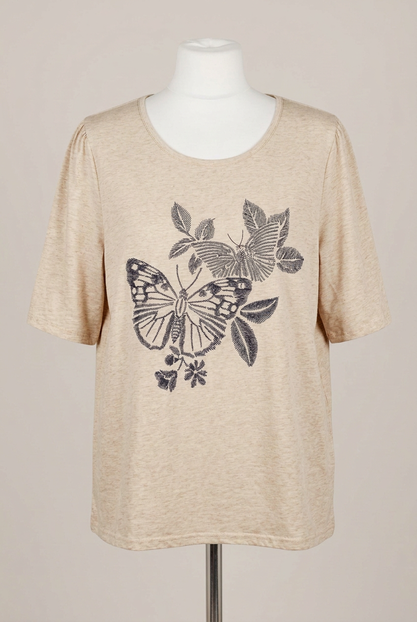 Women's Top Bonmarché Beige Embroidered Butterfly Short Sleeve Plus Size 24 Very Good Condition