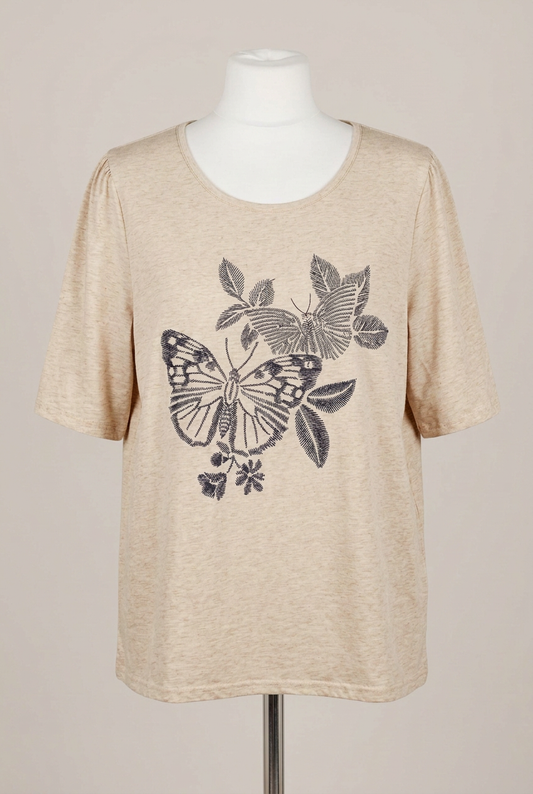 Women's Top Bonmarché Beige Embroidered Butterfly Short Sleeve Plus Size 24 Very Good Condition