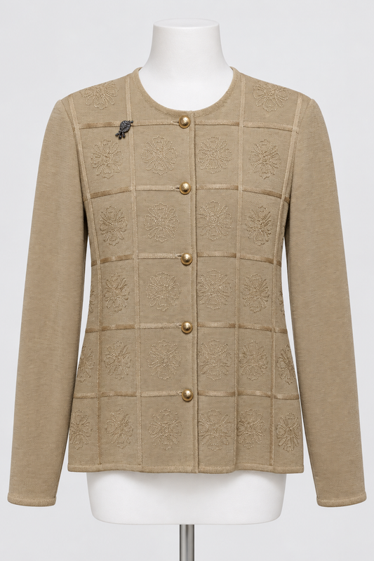 Women's Cardigan Jacket Belmonde Camel Gold Floral Jacquard Ribbon Trim Vintage Plus Size UK 18 Very Good Condition