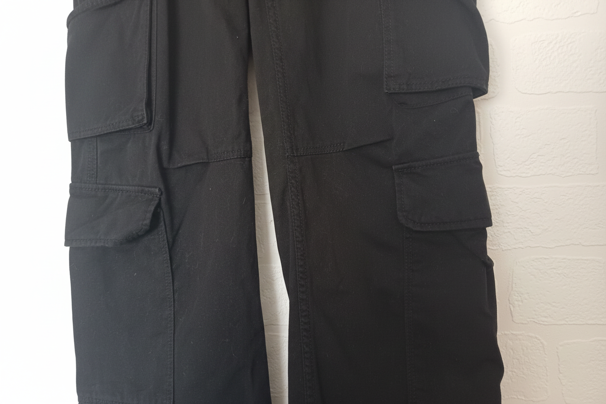 Women's Cargo Trousers Bershka Black Straight Multi-Pocket Size Euro 34 / UK 6-8 - Good Condition