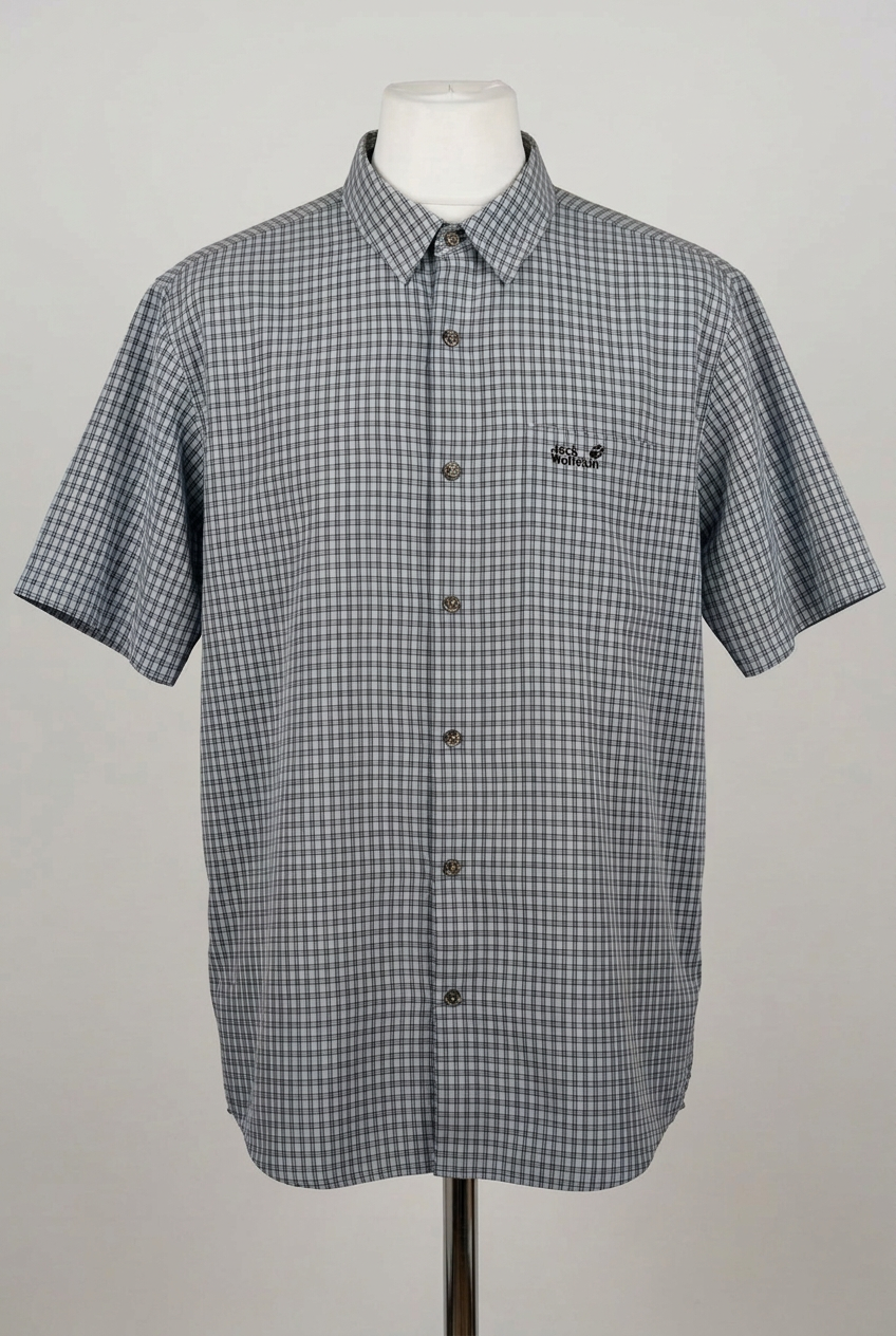 Men's Shirt Jack Wolfskin Light Blue Checked Short Sleeve Travel Size XL Very Good Condition