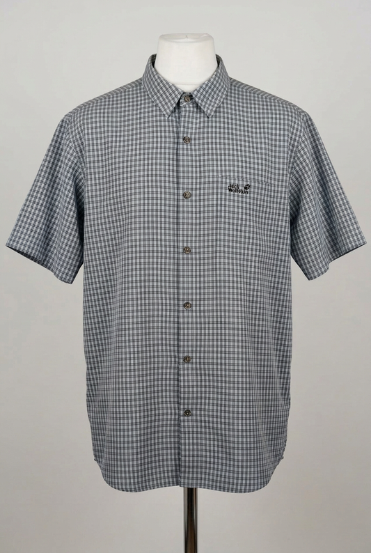 Men's Shirt Jack Wolfskin Light Blue Checked Short Sleeve Travel Size XL Very Good Condition