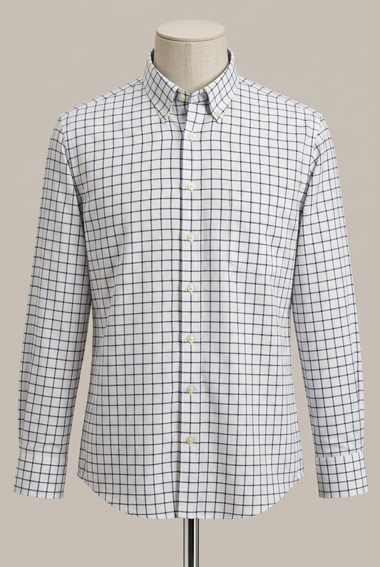 Men's Shirt Charles Tyrwhitt White Blue Grid Check Non-Iron Cotton Long Sleeve Size XL Very Good Condition With Pen Mark