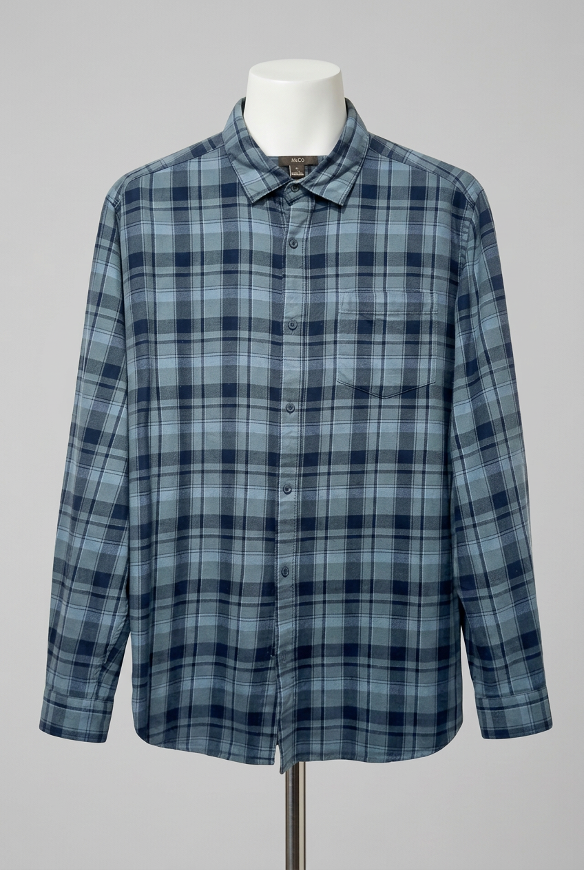 Men's Shirt M&Co Navy Blue & Slate Teal Checked Brushed Cotton Flannel Long Sleeve Size XL Very Good Condition