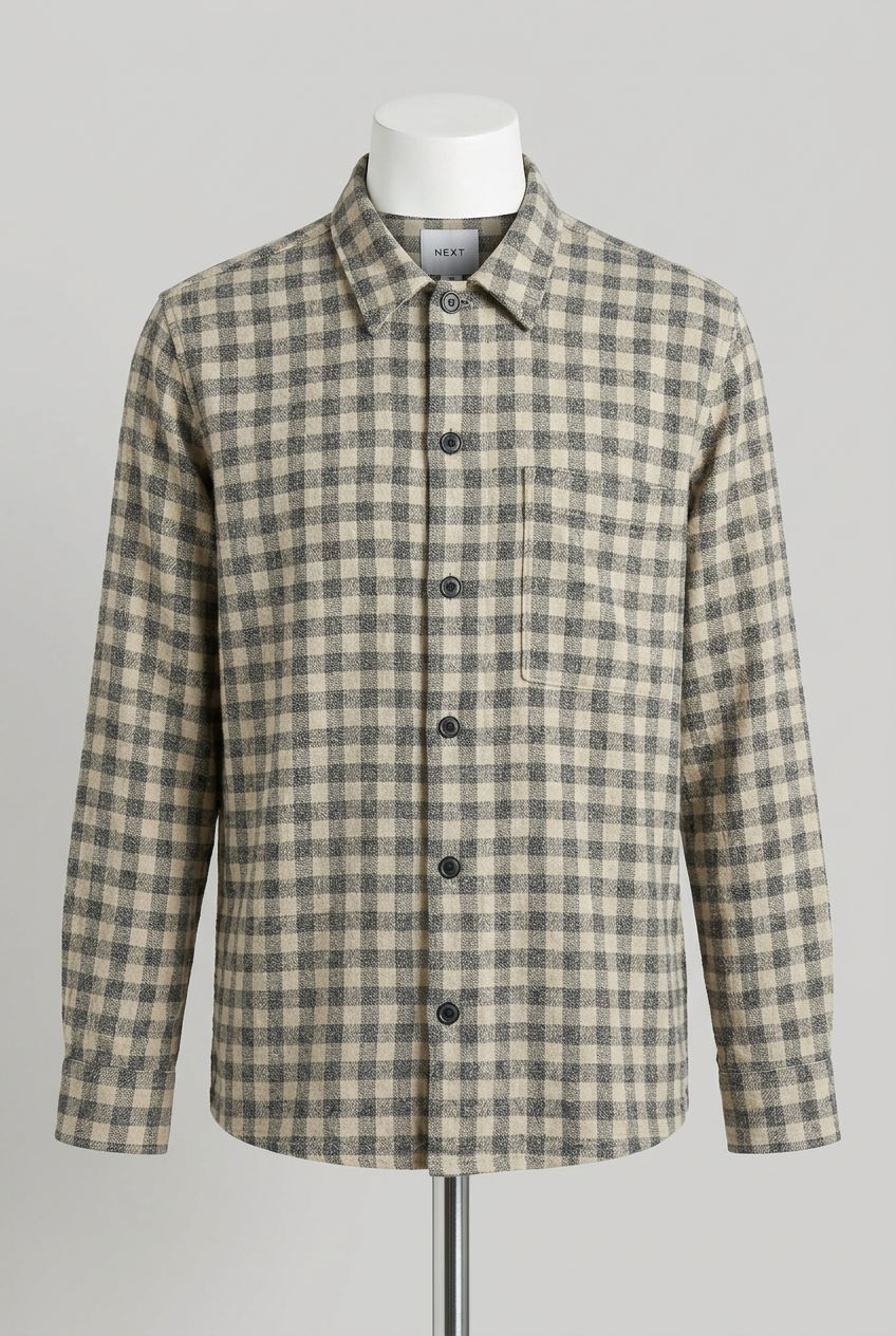 Men's Shirt Next Beige & Grey Gingham Checked Long Sleeve Flannel Size M Excellent Condition