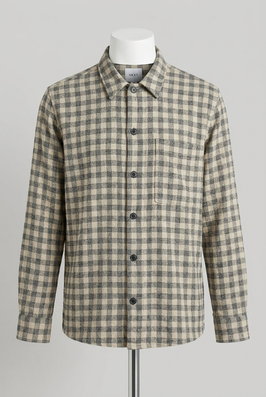 Men's Shirt Next Beige & Grey Gingham Checked Long Sleeve Flannel Size M Excellent Condition