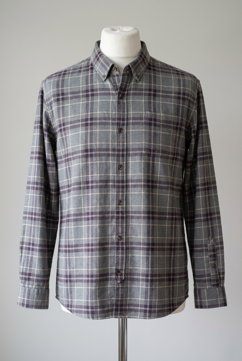 Men's Shirt Hammond & Co. Grey Plum Ochre Check Brushed Cotton Flannel Long Sleeve Size XL Very Good Condition