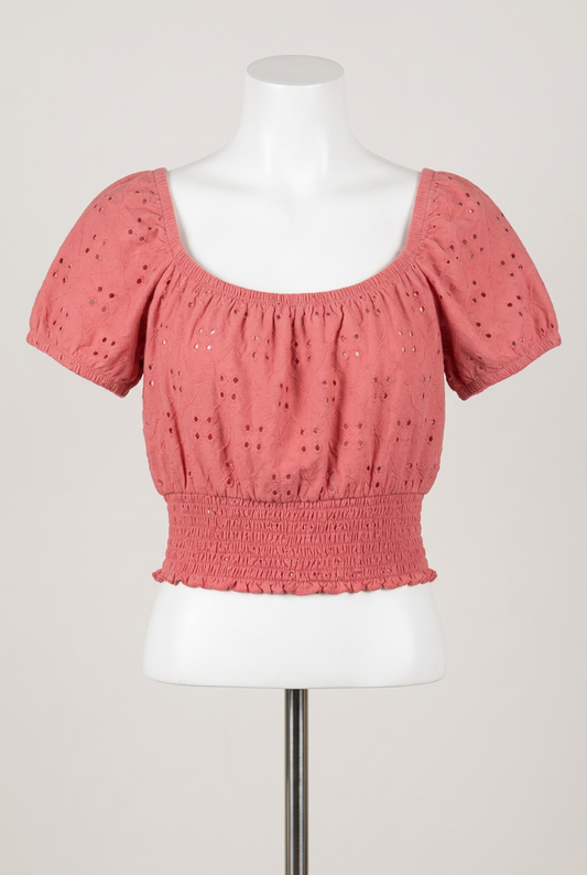 Women's Crop Top Hollister Pink Broderie Anglaise Puff Sleeve Size XS Very Good Condition