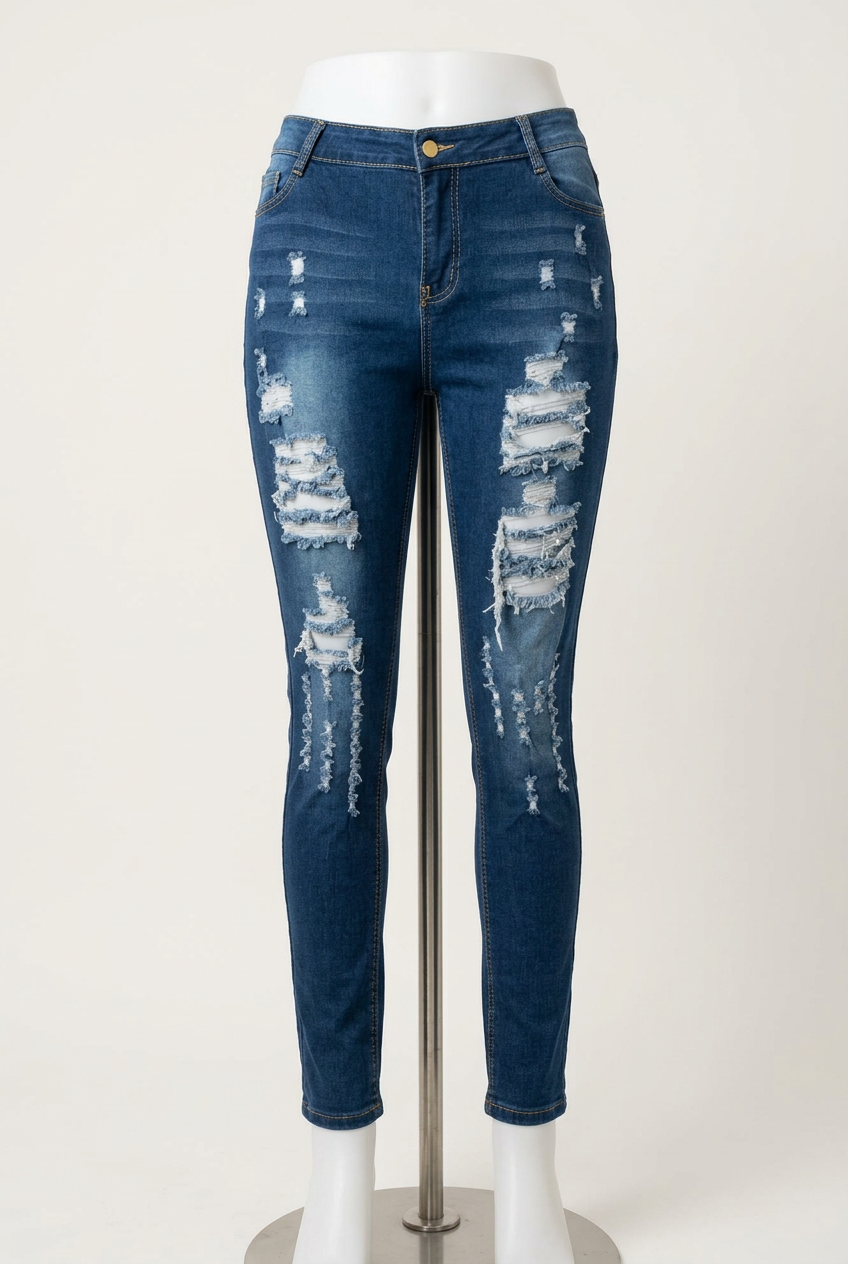 Women's Jeans Unbranded Blue Heavily Distressed Ripped Skinny Approx. W36 L32 Very Good Condition