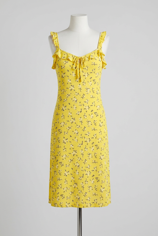 Women's Dress PrettyLittleThing Yellow Floral Ruffle Strap Tie-Front Mini Size 8 Very Good Condition