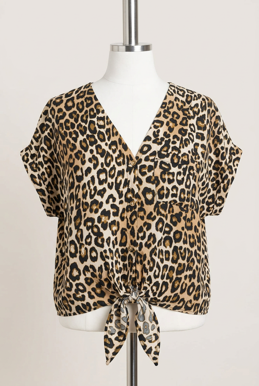 Women's Top Dunnes Brown Black Leopard Print Tie Front Short Sleeve Size 14 Very Good Condition