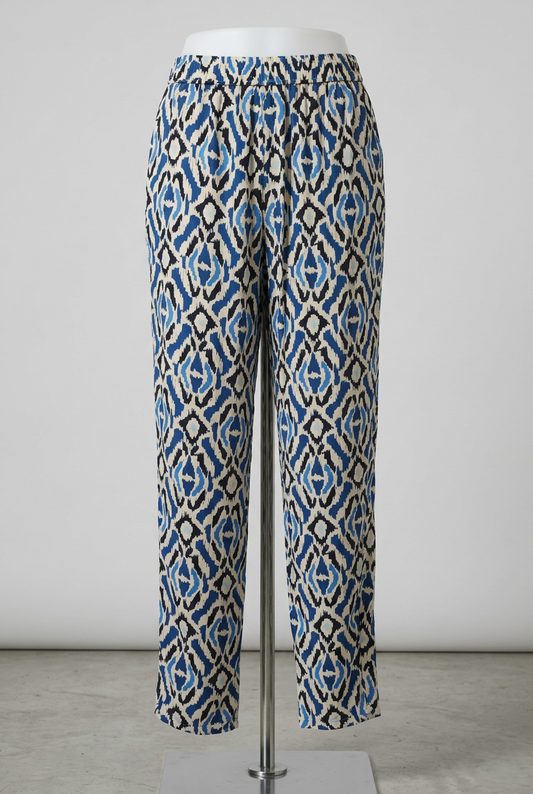 Women's Trousers F&F Blue White Ikat Geometric Print Drawstring Size 6 Very Good Condition