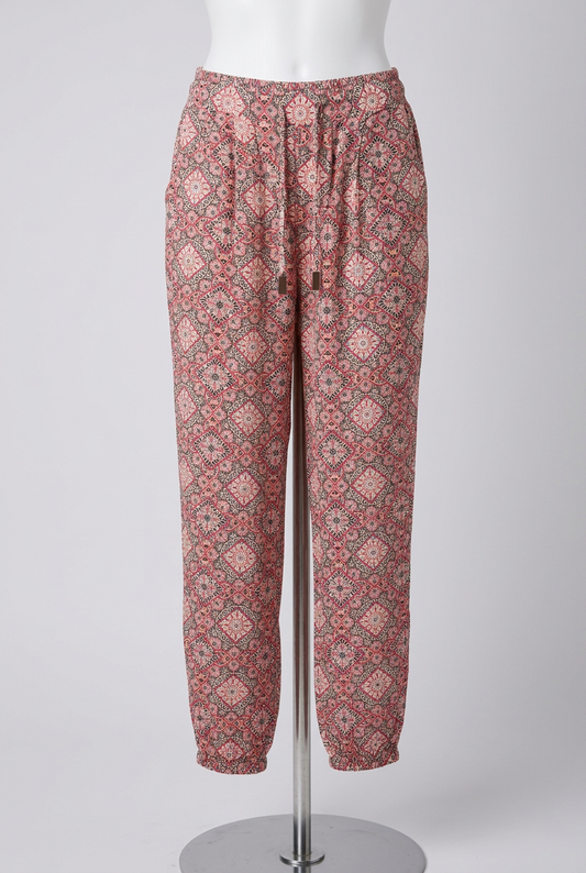 Women's Trousers Burgundy Geometric Tile Print Harem Jogger Size 8 Very Good Condition