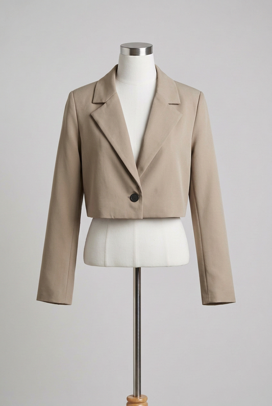 Women's Cropped Blazer Jacket Nude Beige Single Button Lined Size S Excellent Condition
