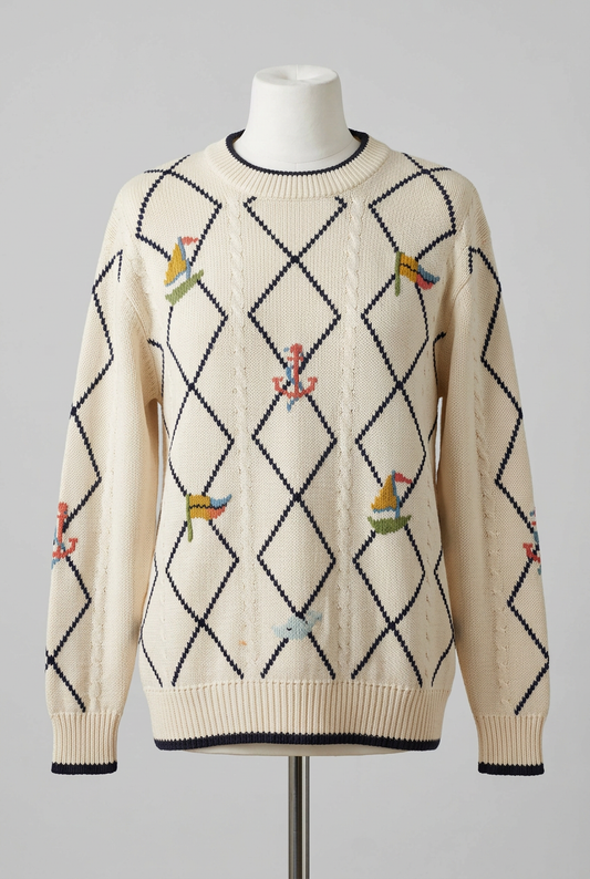 Unisex Jumper St Michael Cream Boats and Anchors Nautical Size Medium Very Good Condition