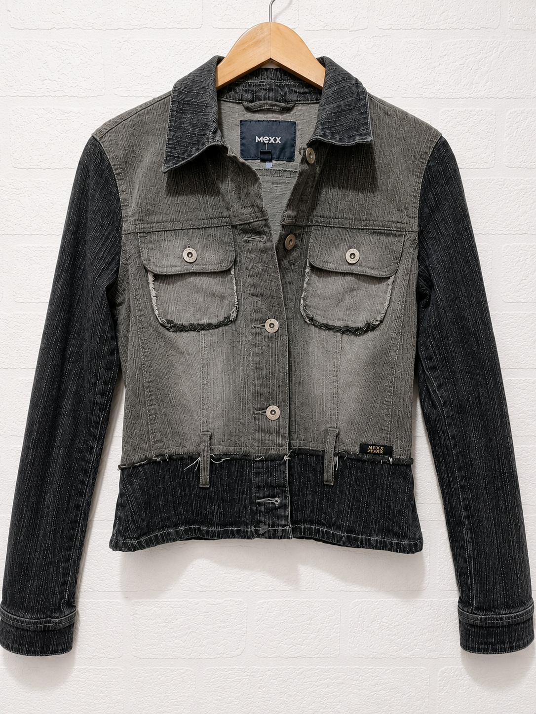 Mexx Grey Contrast Panels Cropped Denim Jacket Size 8 18" PTP - Very Good Condition