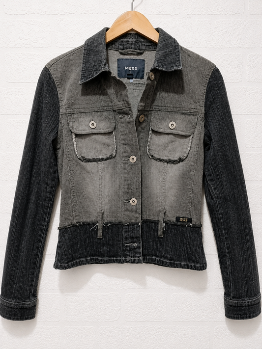 Mexx Grey Contrast Panels Cropped Denim Jacket Size 8 18" PTP - Very Good Condition