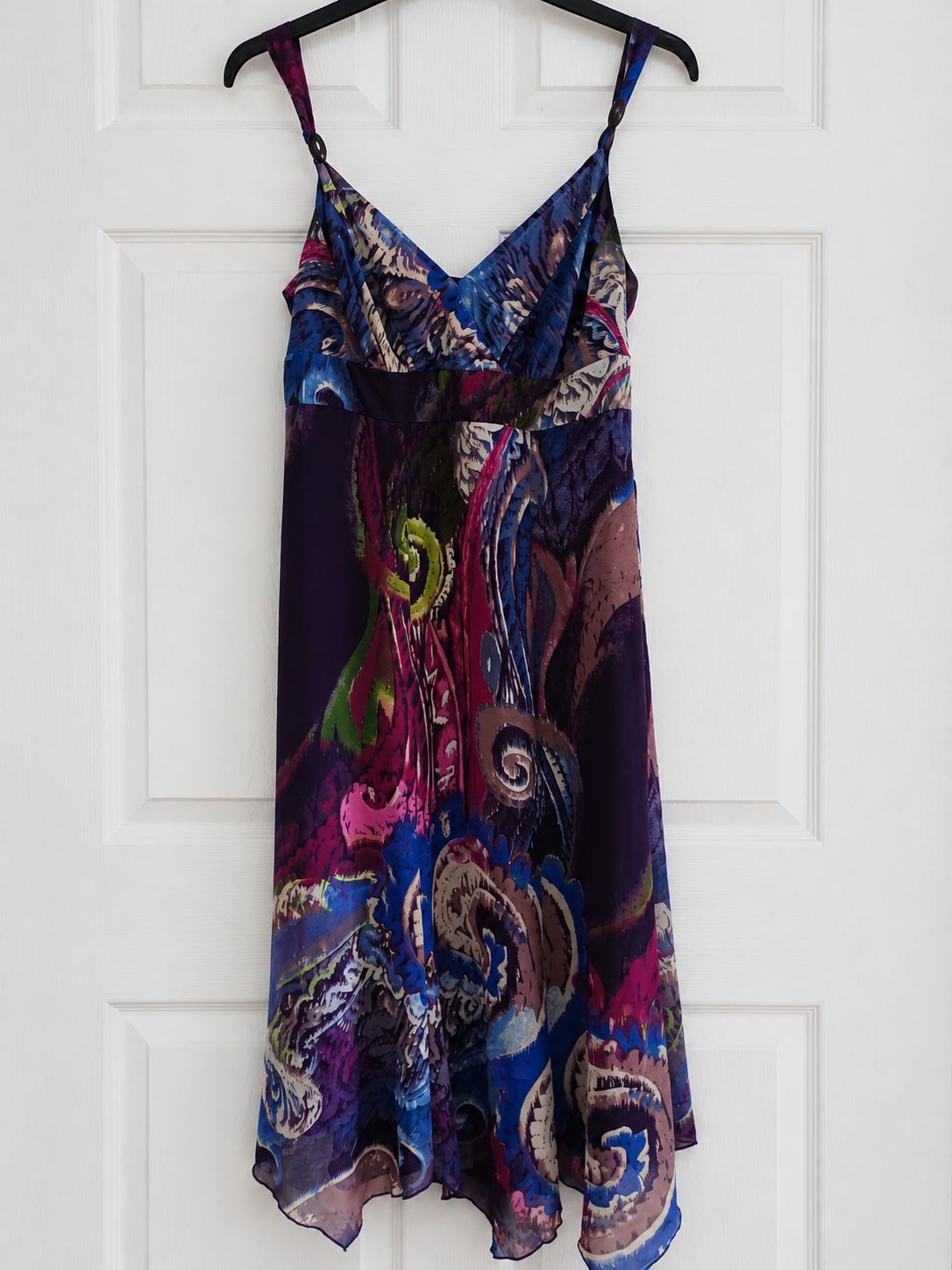 Women's Midi Dress Per Una Green Purple Multicolour Abstract Print Strappy Lined Size 14S - Very Good Condition