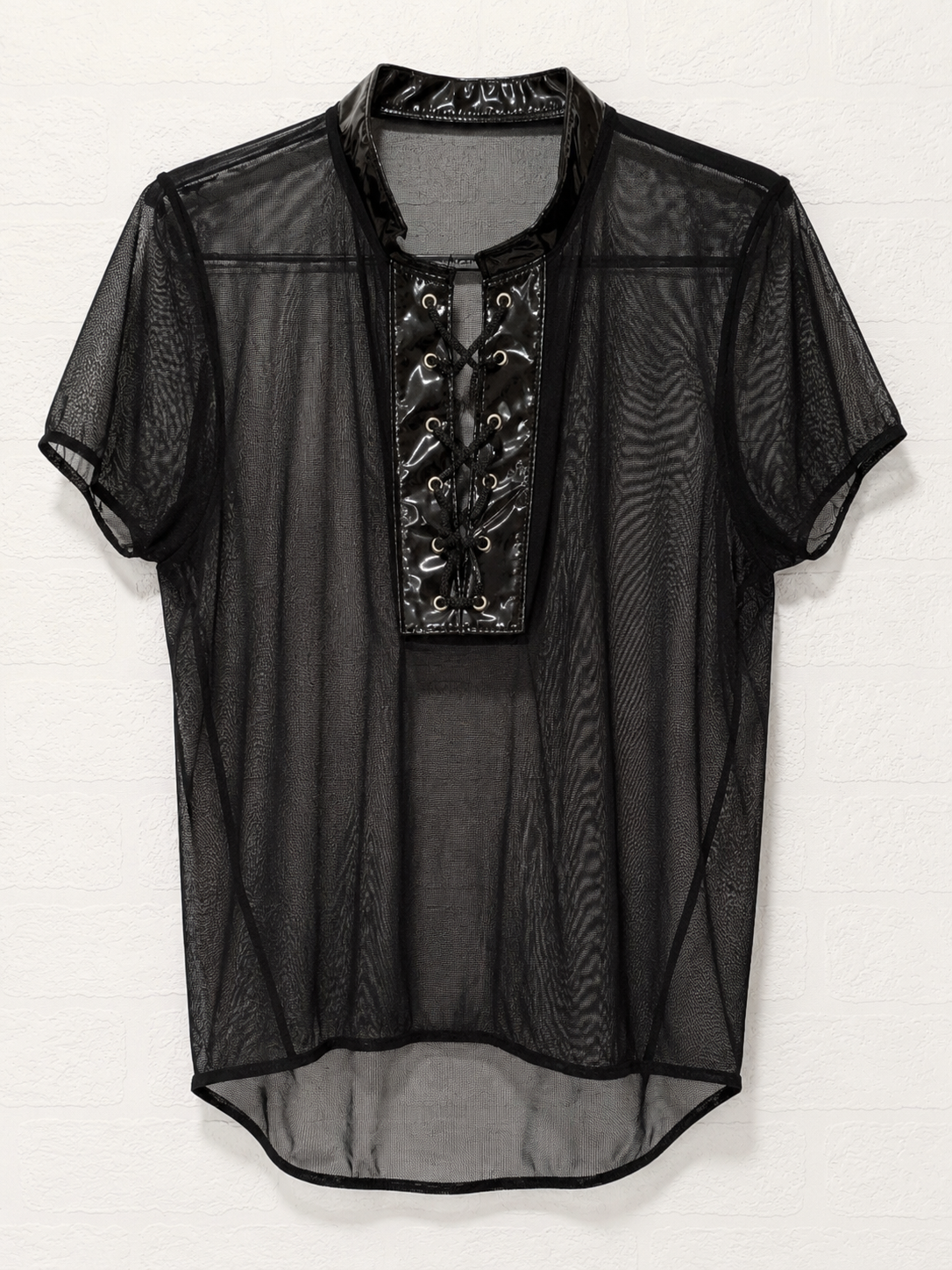 Unbranded Black Sheer Mesh Lace Up Vinyl Look Top Size 10-12 - Very Good Condition