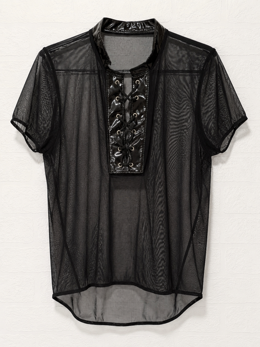 Unbranded Black Sheer Mesh Lace Up Vinyl Look Top Size 10-12 - Very Good Condition