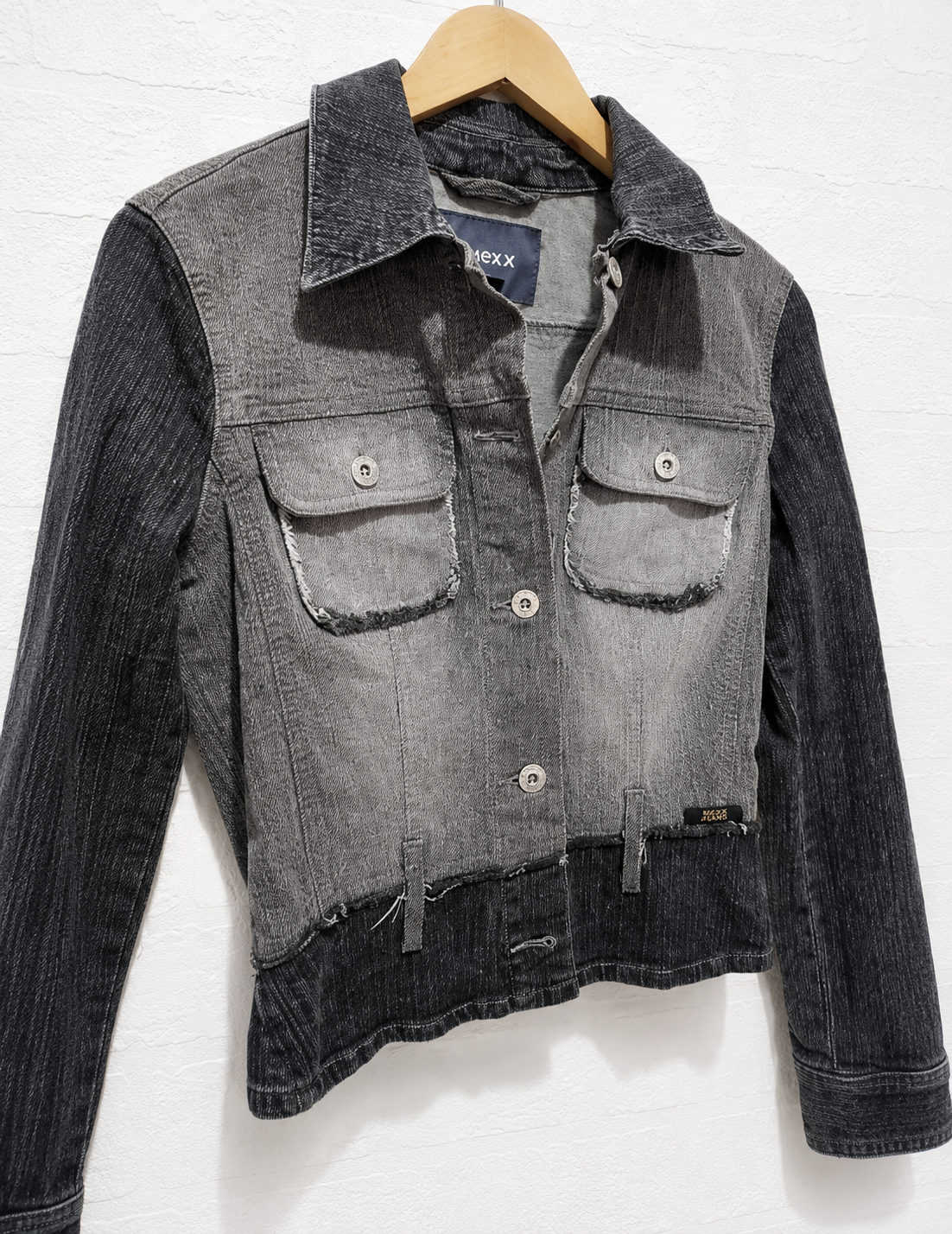 Mexx Grey Contrast Panels Cropped Denim Jacket Size 8 18" PTP - Very Good Condition
