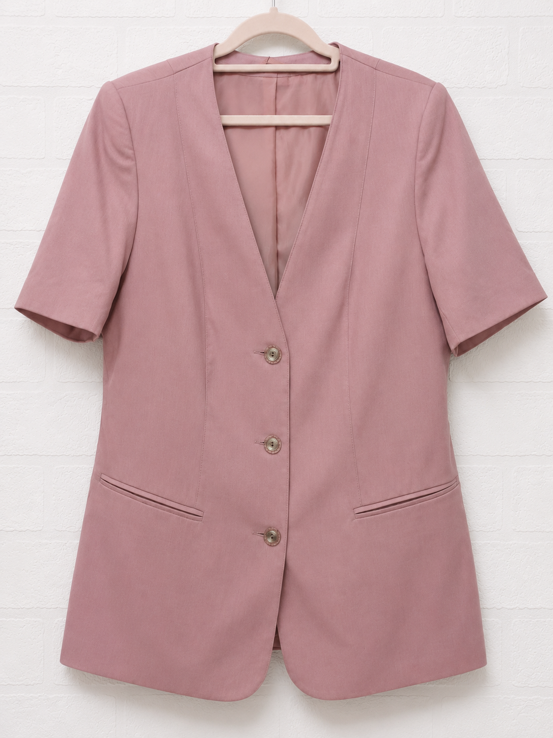 Vintage Pastel Pink Longline Blazer Jacket Short Sleeve UK 14-16 18.5" PTP - Good Condition