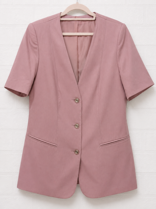 Vintage Pastel Pink Longline Blazer Jacket Short Sleeve UK 14-16 18.5" PTP - Good Condition