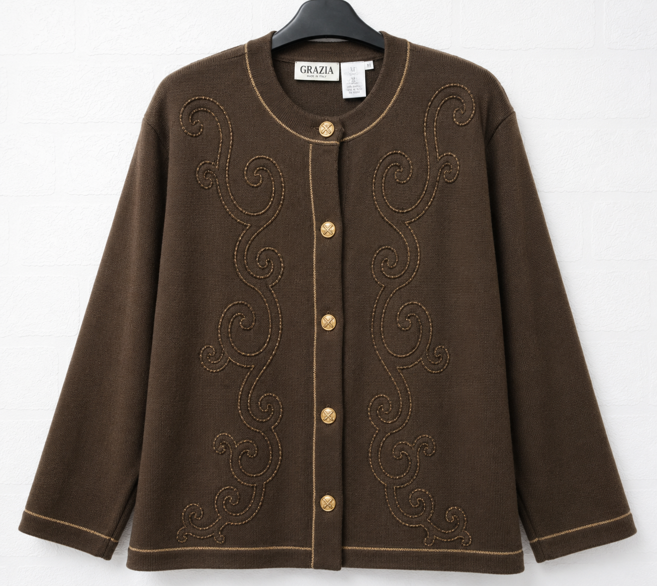 Grazia Brown Wool Blend Cardigan Jacket Embroidered Swirl Gold Button 23" PTP - Very Good Condition