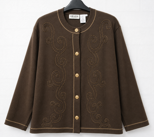 Grazia Brown Wool Blend Cardigan Jacket Embroidered Swirl Gold Button 23" PTP - Very Good Condition
