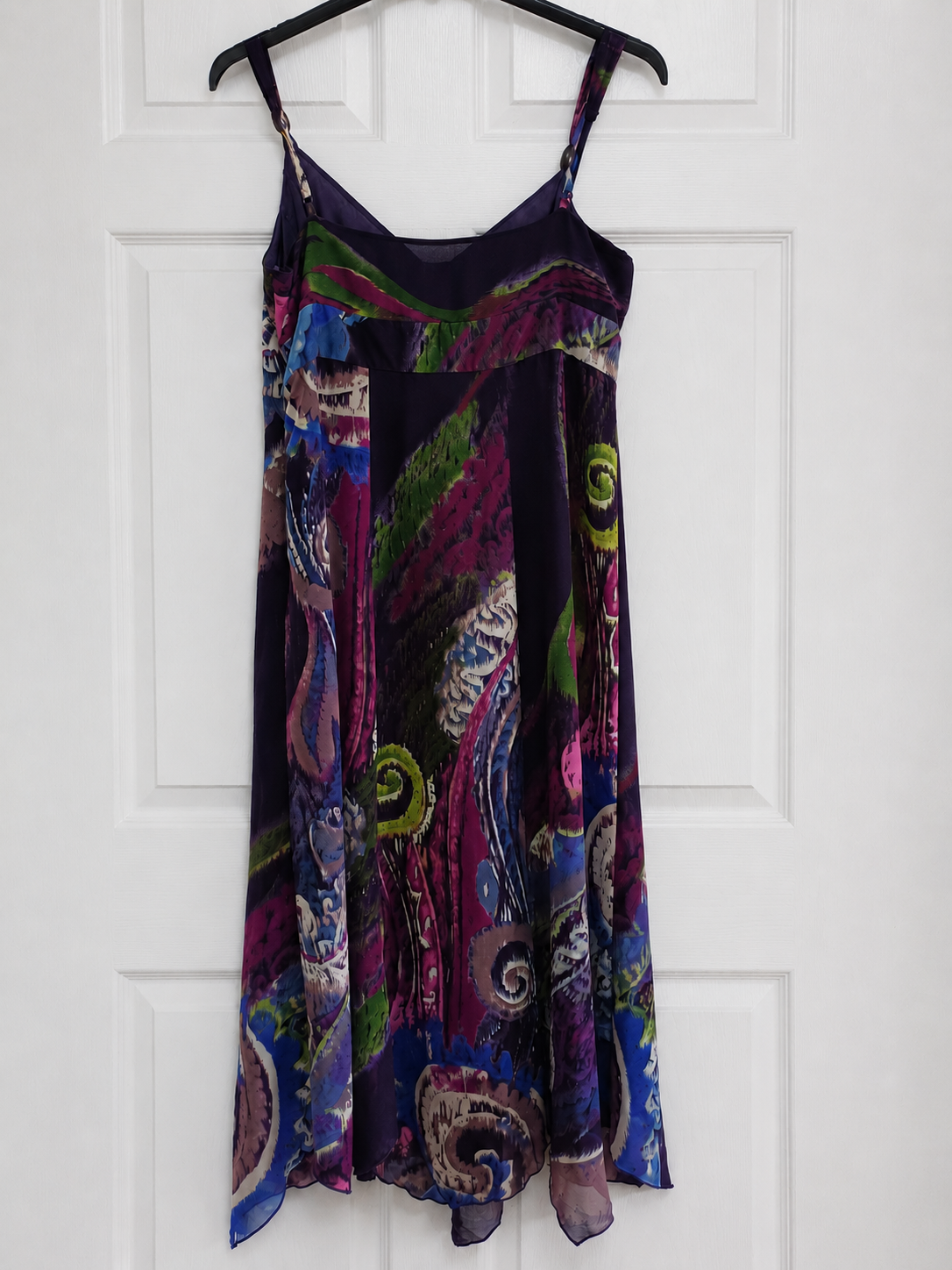 Women's Midi Dress Per Una Green Purple Multicolour Abstract Print Strappy Lined Size 14S - Very Good Condition