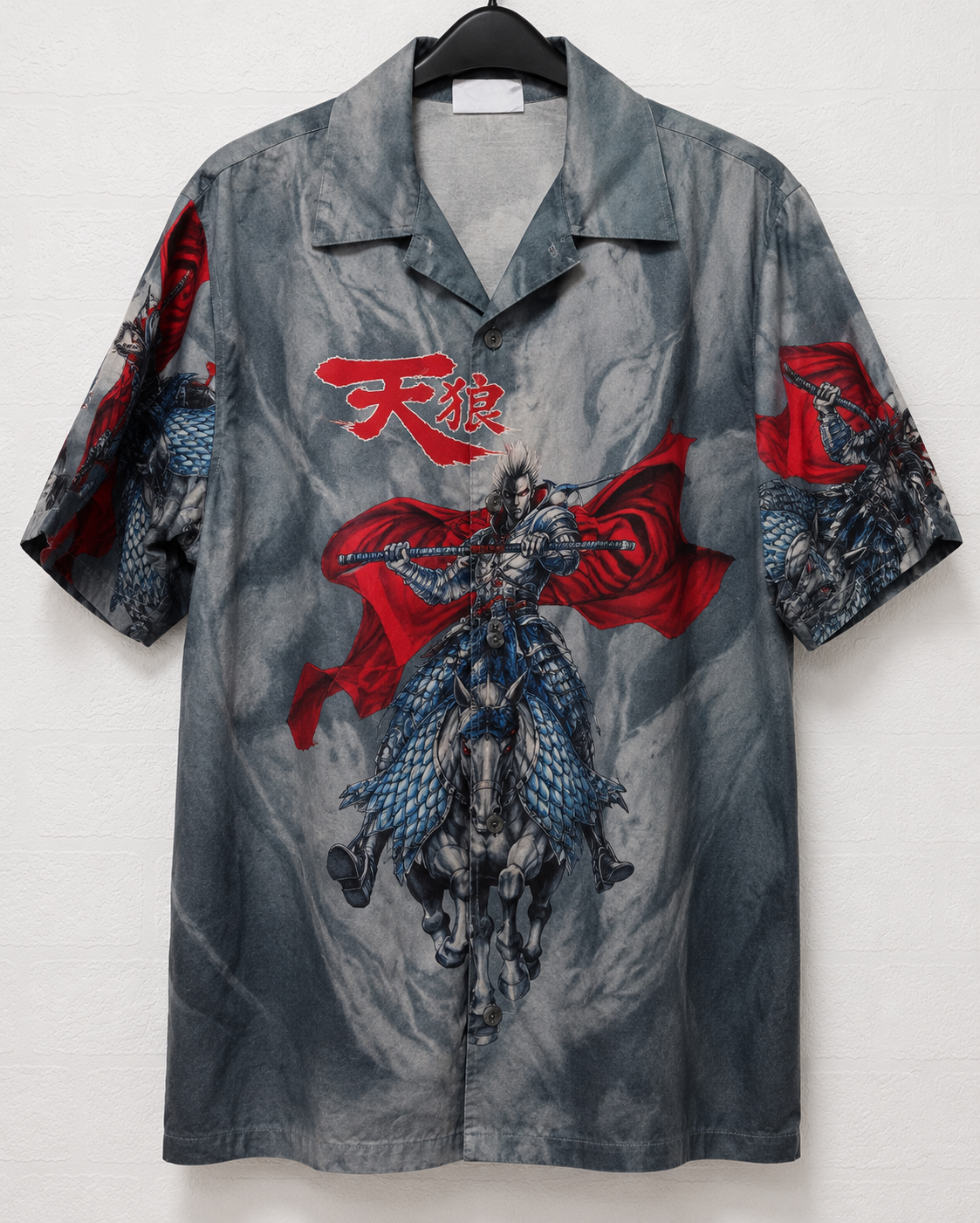 Dognose Grey Red Blue Japanese Samurai Warrior Graphic T-Shirt Size 164 (Japanese S) 19" PTP - Very Good Condition