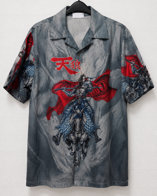 Dognose Grey Red Blue Japanese Samurai Warrior Graphic T-Shirt Size 164 (Japanese S) 19" PTP - Very Good Condition