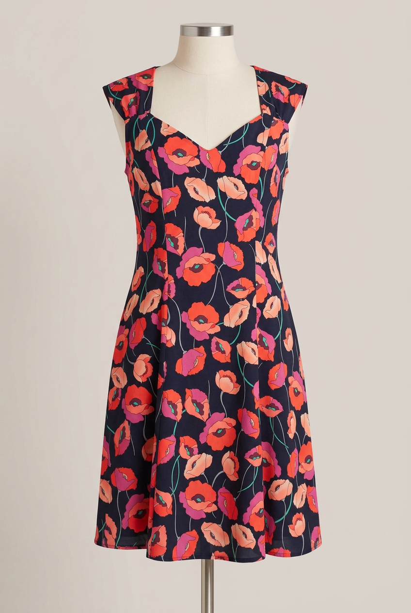 Women's Dress F&F Black Pink Poppy Floral V-Neck Cap Sleeve Skater Size 10 Very Good Condition