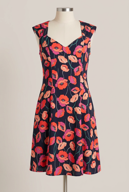 Women's Dress F&F Black Pink Poppy Floral V-Neck Cap Sleeve Skater Size 10 Very Good Condition