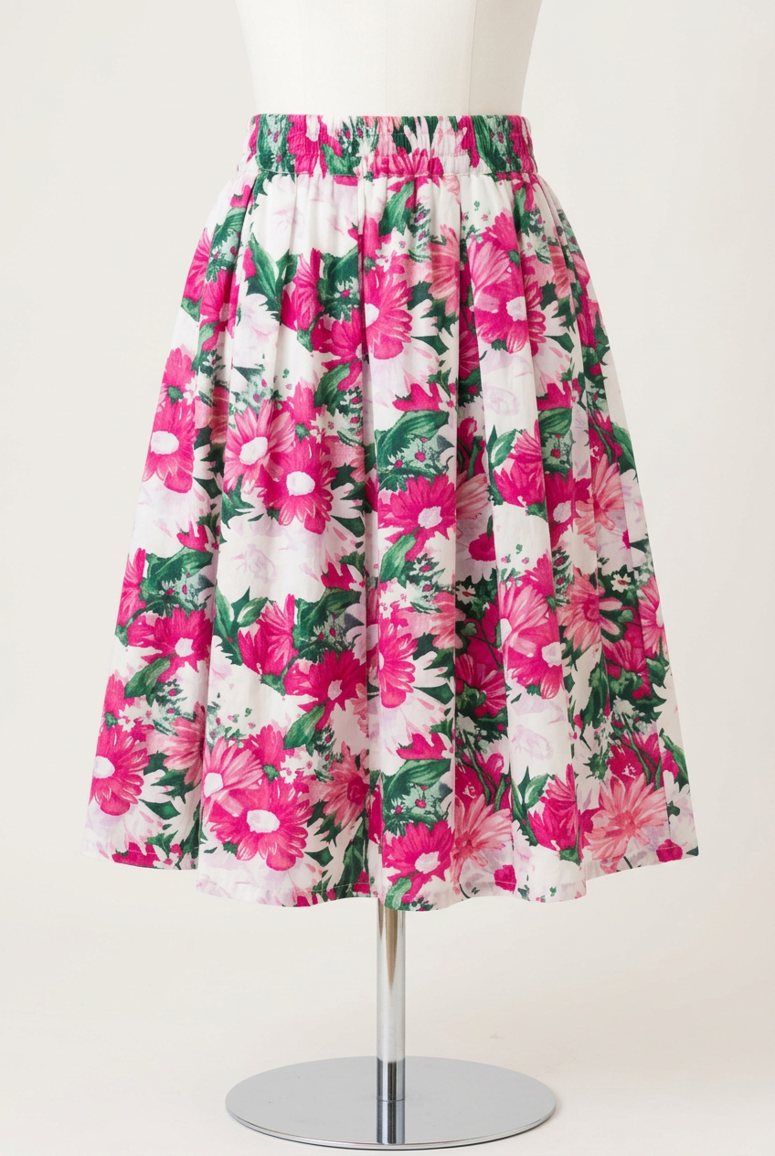 Women's Skirt Pink Green & White Floral Full Pleated W26 - Very Good Condition