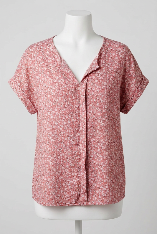 Women's Blouse SHEIN Pink Ditsy Floral Short Sleeve V-Neck Size Large Very Good Condition