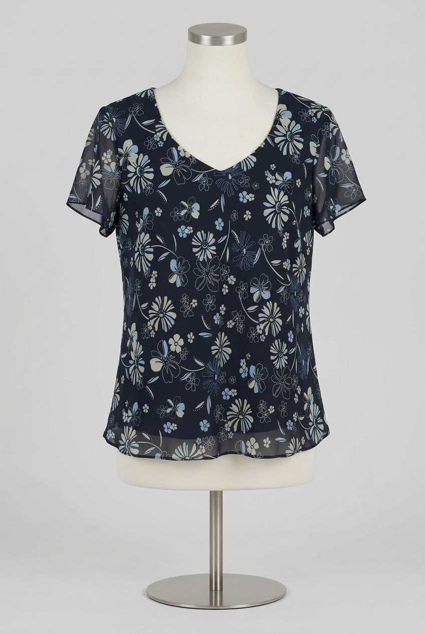 Women's Blouse André de Brett Navy Blue Floral Print V-Neck Chiffon Overlay Plus Size 24 Very Good Condition