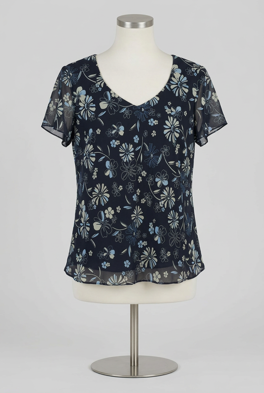 Women's Blouse André de Brett Navy Blue Floral Print V-Neck Chiffon Overlay Plus Size 24 Very Good Condition