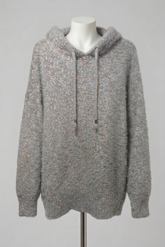 Women's Jumper Tu Grey Marl Fluffy Boucle Knit Hooded Long Sleeve Size L Very Good Condition