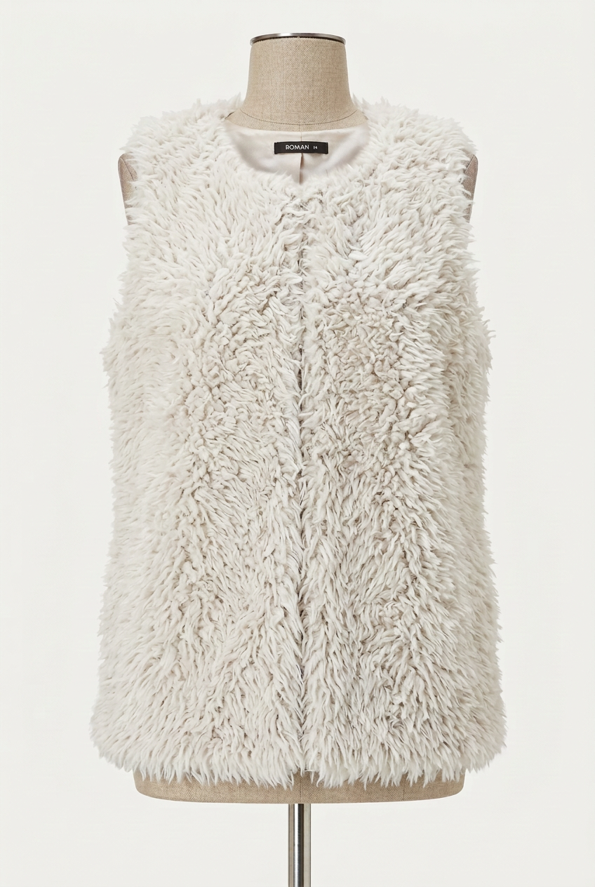 Women's Gilet Roman Originals Off-White Faux Fur Sleeveless Size 14 Very Good Condition