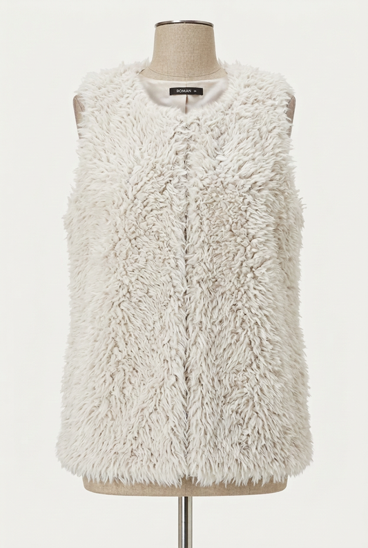 Women's Gilet Roman Originals Off-White Faux Fur Sleeveless Size 14 Very Good Condition