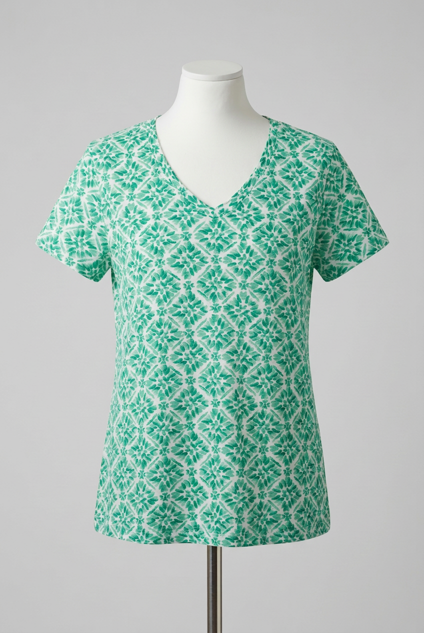 Women's T-Shirt Weird Fish Green & White Beach Glass Geometric Print V-Neck Short Sleeve Size 16 Very Good Condition